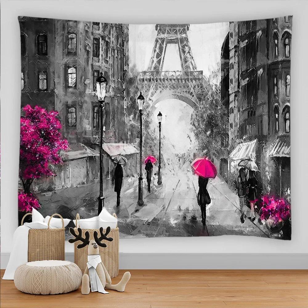 Paris Tapestry Backdrop Wall Art Eiffel Tower Photo Banner Background European City Landscape Pink Hanging Decor