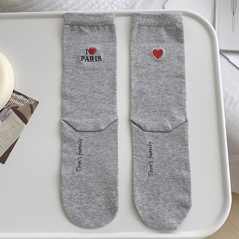 White Socks Pure Cotton Stacking Socks Heel Embroidered Love Letters Spring And Autumn Thin Cotton Medium Tube Socks