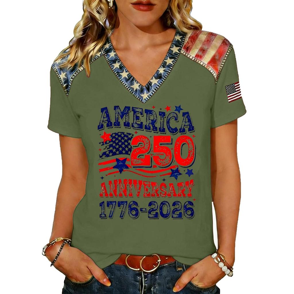 Women's Casual V Neck Short Sleeve Pullover T Shirt Top American Flag Print 250th Anniversary Graphic Tee Lightweight Comfortable