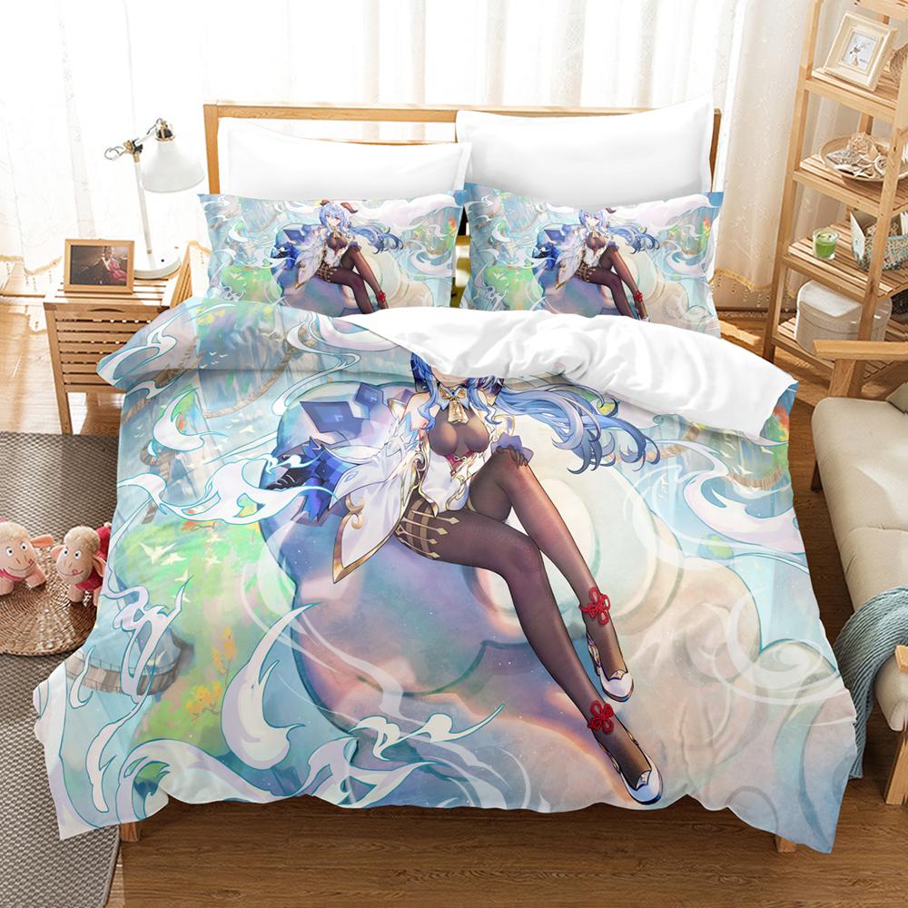 New 3D Digital Printed Games Genshin Impact ThreePiece Bedding Set With Winter Home Polyester Quilt Cover With Cartoon Pattern