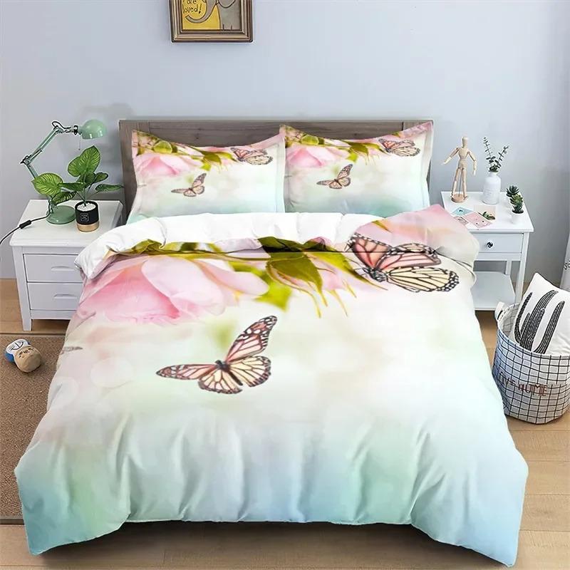 Soft Butterfly Floral Duvet Cover Queen Size 3D Print Bedding Set with Pillowcases for Adults Kids Girls Teens