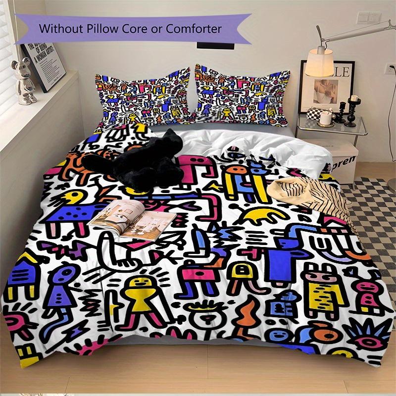 3Pcs Colorful Characters Printed Bedding Set, Breathable And Soft, Machine Washable, Christmas Gift, Suitable for Bedroom Decoration, 15157