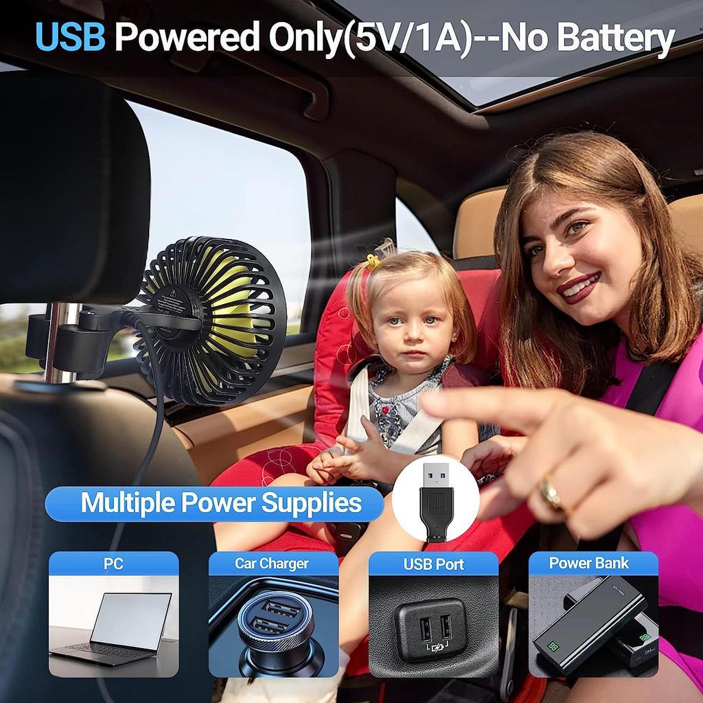 2023 Car Seat Back Cooling Fan USB Charge Head Fan 360 Degree Rotation Auto Headrest Ventilation Fan Neck Cooler Car Interior