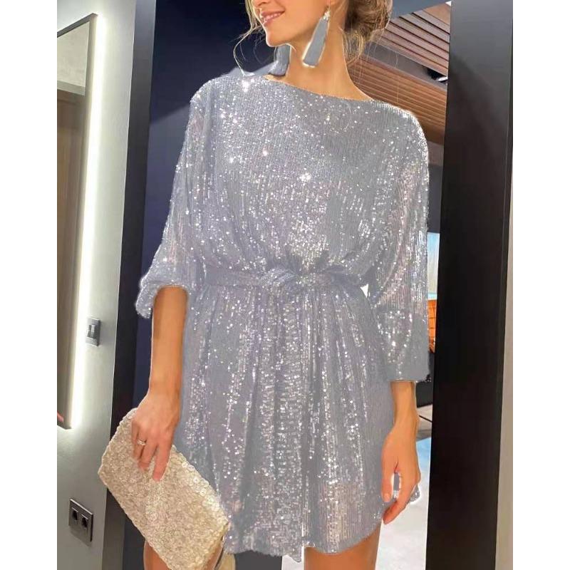 Women's Long Sleeve Mini Shining Dress Sparkling Beaded Dress Fashion Temperament Elegant Sexy Sequined Evening Dress Holiday Party Cocktail Party