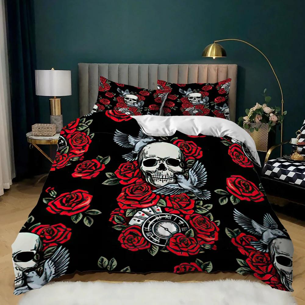 Skull Duvet Cover Queen Size Gothic Skeleton Bedding Set Rose Flower Polyester Comforter Cover For Kids Teens Adults Halloween