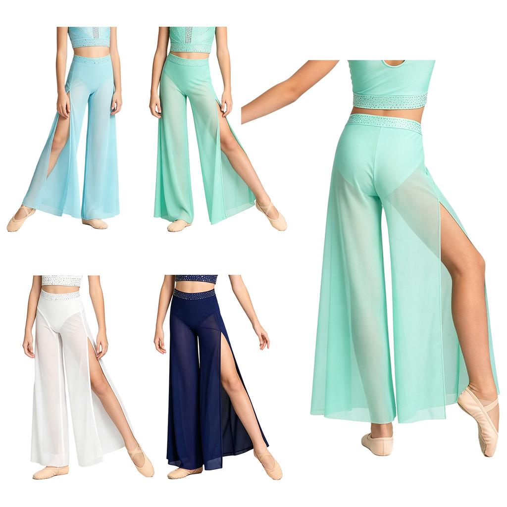 Kinder Tanzwettbewerb Kleidung Strasssteine Taille Seitenschlitz Weiter Bein Netzhose mit integriertem Slip für Lyrical Skating Show