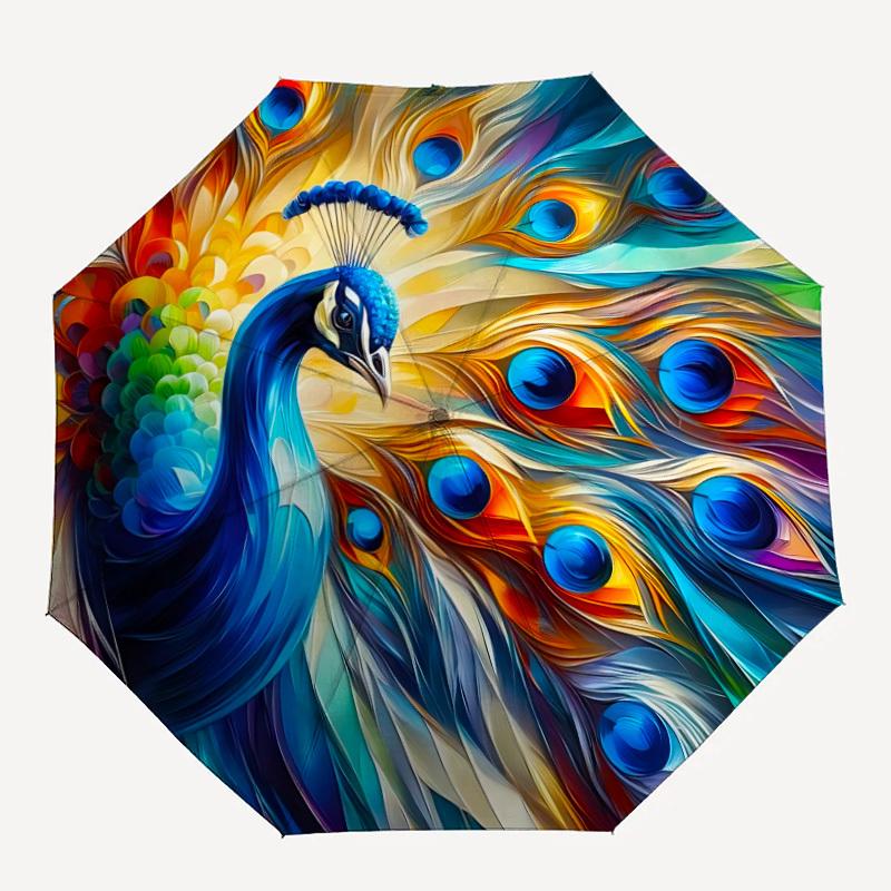1pc Peacock Feather Artwork Automatic Folding Umbrella - Portable Collapsible Design, 8-Rib Iron Frame, Durable Fabric Yy251125059