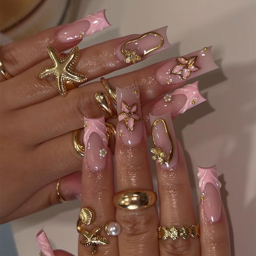 30-Piece Set: Handmade Almond Nails with 3D Flowers, Butterflies & Pearls
