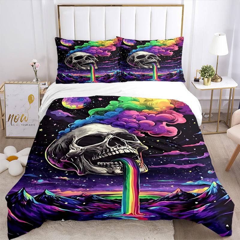 3pcs bedding set Skull Rainbow Includes 1 Comforter + 2 Pillowcases, Without Pillow Inserts, Soft Comfortable, Lightweight Breathable, Print
