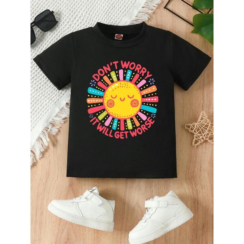 European Sizes Fashionable and Casual Round Neck Short-sleeved T-shirt for Girls, Featuring a Fun and Colorful Cartoon Sun Print