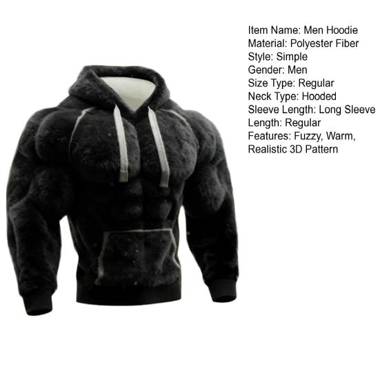Herren Muskel Hoodie 3D Muster Flauschiger Pullover Muskulös Langarm Warmes Kapuzensweatshirt für Freizeit Sport Streetwear Mode