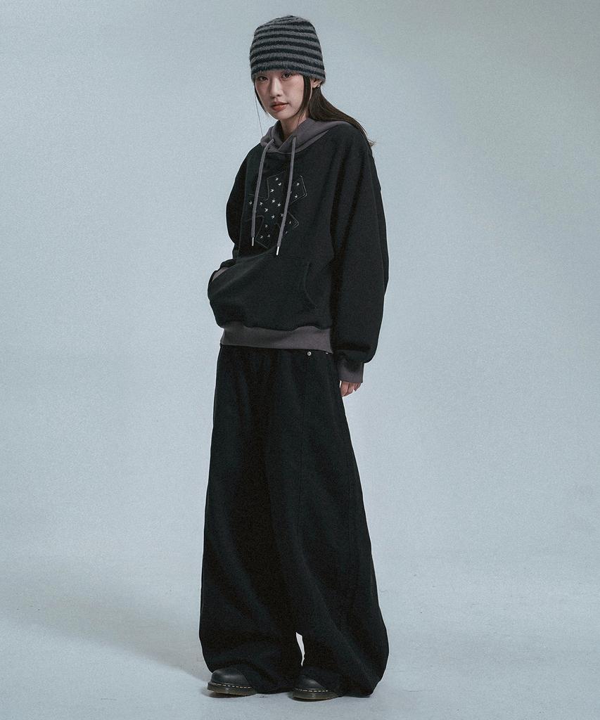 MOO Check Color Block Balloon Cotton Pants - Black