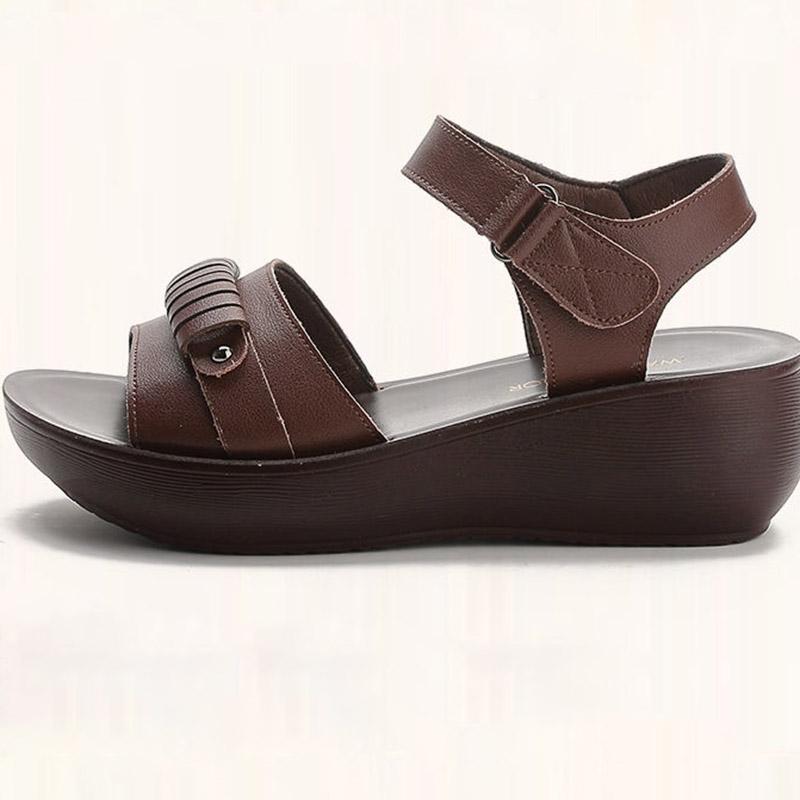 Retro Leather Roman Sandals Women Summer Thick Bottom Wedge Heel Non-slip Cowhide Mother Sandals Ladies Platform Shoes