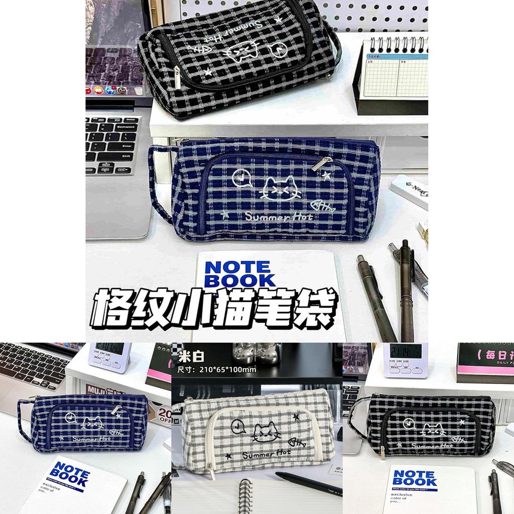 Cute Cat Lattice Pattern Pen Case With Fabric Material For Students And Girls