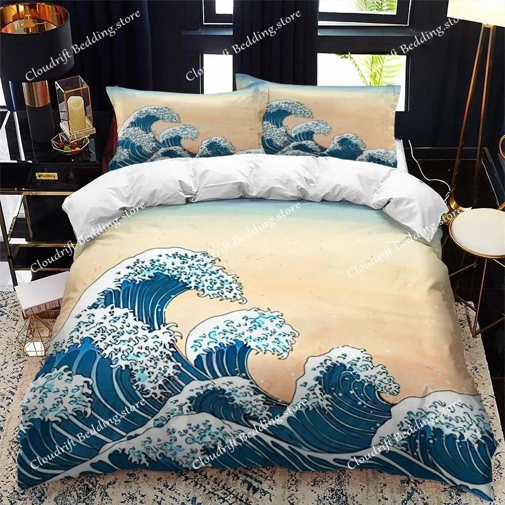 Japanese-Style Duvet Cover Set King Queen Full Size Ukiyo-e Theme Wave Pattern Polyester Bedding Set Fuji Mountain Exotic Style