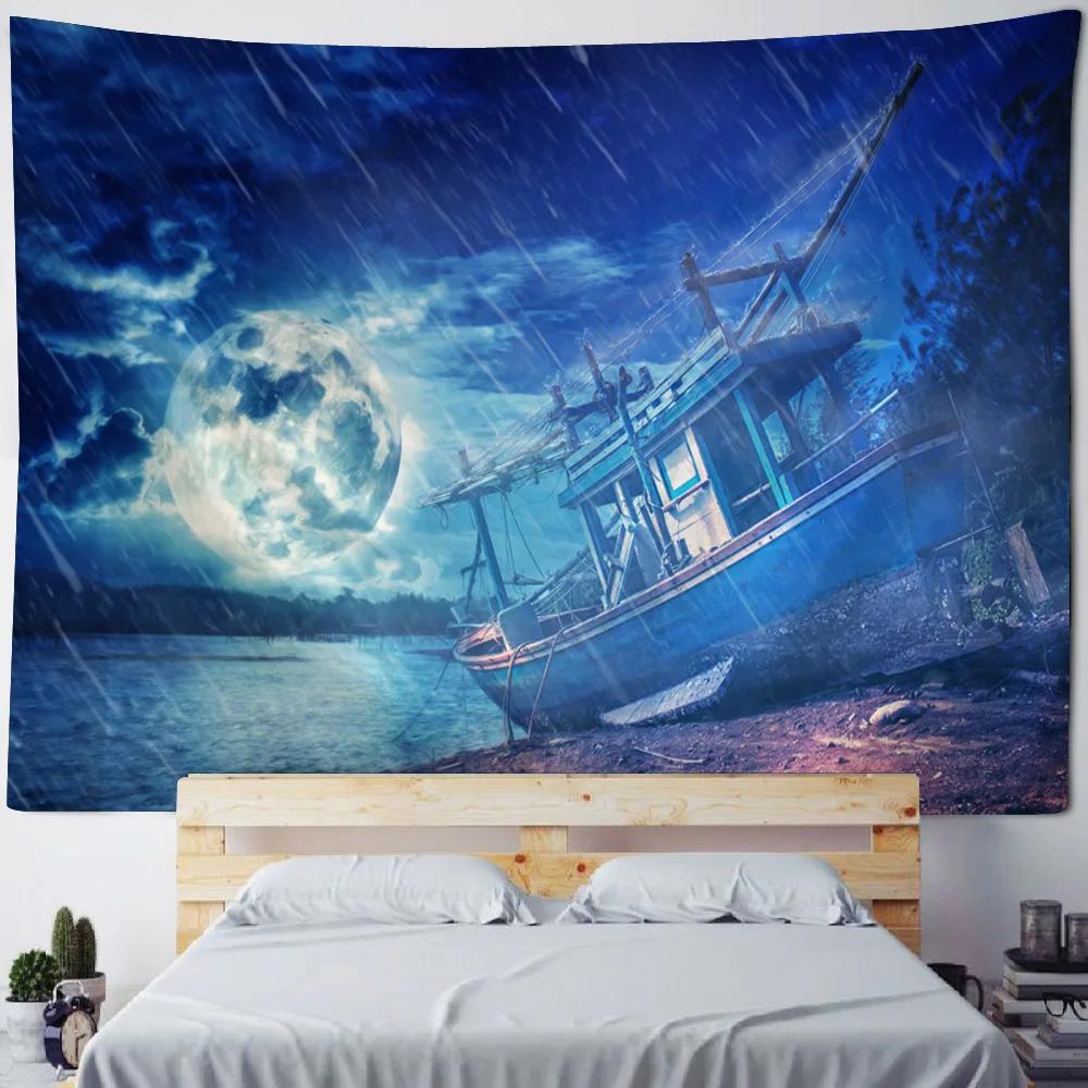 HD-Traumhaftes Meer & Piratenschiff Tapete - Wandkunst im Ölgemälde-Stil für böhmische Wohnkultur, Meeres-Themenzimmer oder Bettbezug
