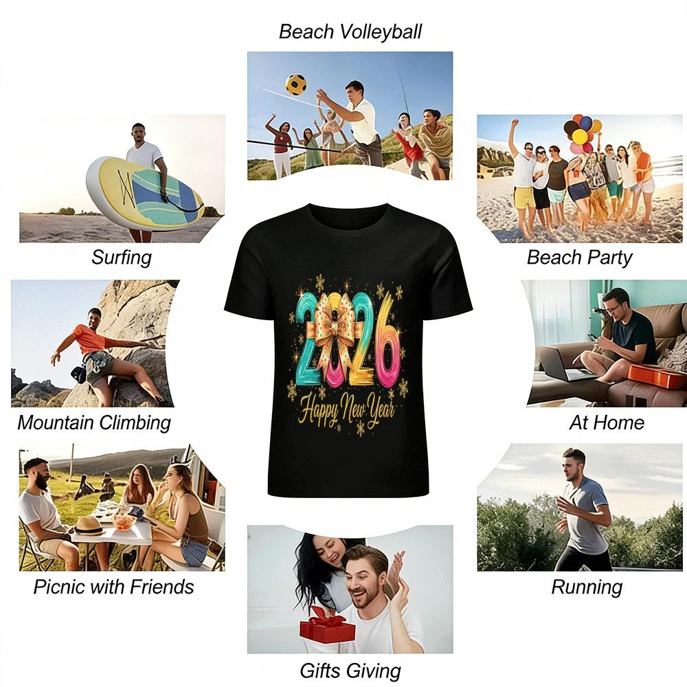 2026 Happy New Year Bow Print Casual Festive Holiday Top Pure Cotton T-shirt