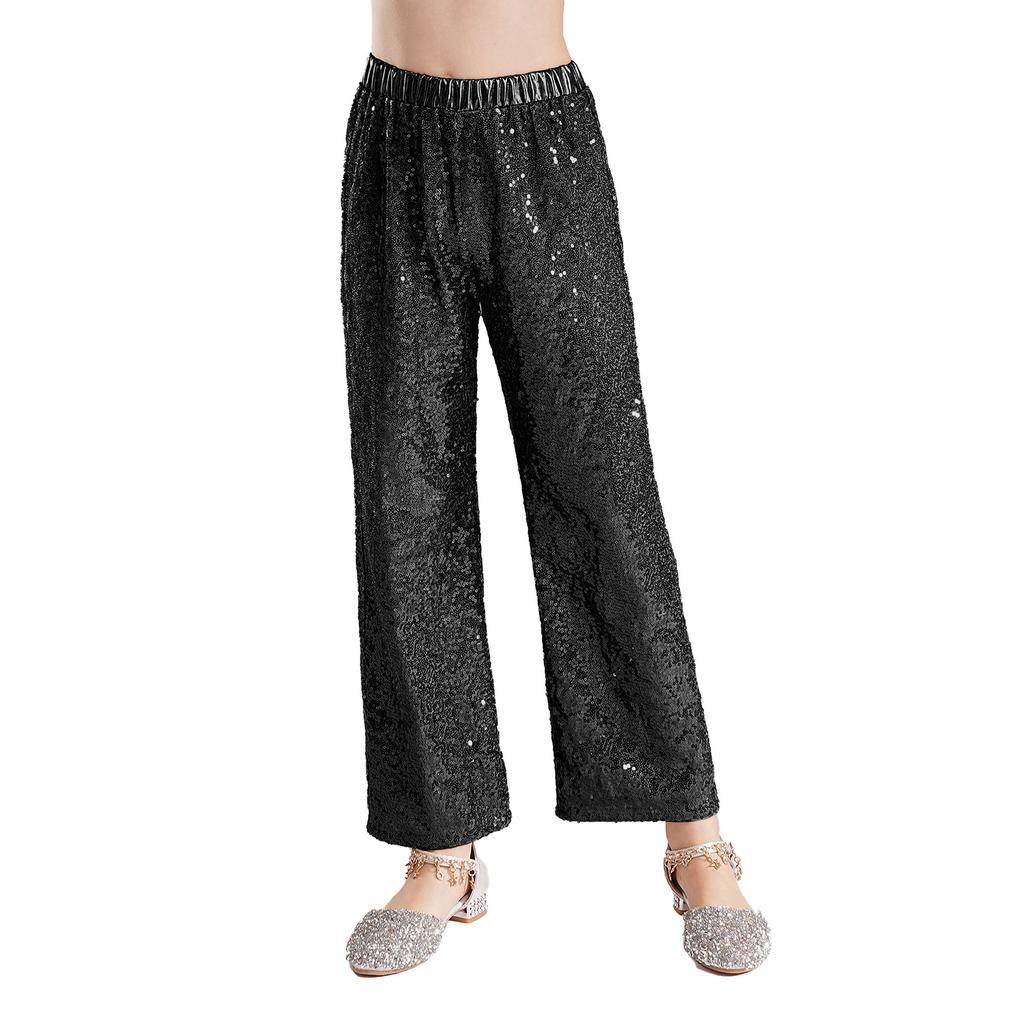 Girls Shiny Sequin Pants High Waist Elastic Waistband Loose Trousers Jazz Dance Performance Trousers