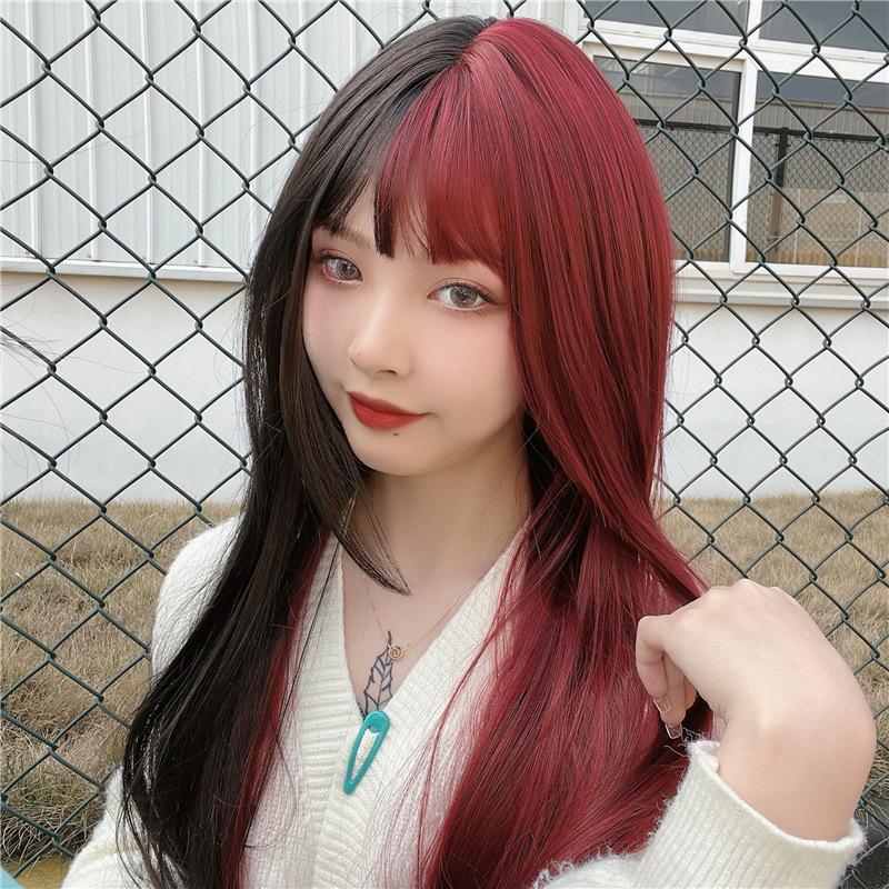 Perruque Cosplay Longue Raide 2 Couleurs avec Frange pour Femmes