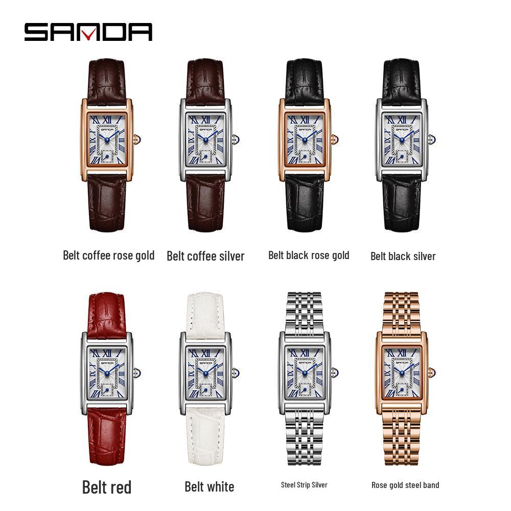 Stylish Sanda Square Steel & Leather Quartz Watch with Roman Numerals, Waterproof Design for Women
