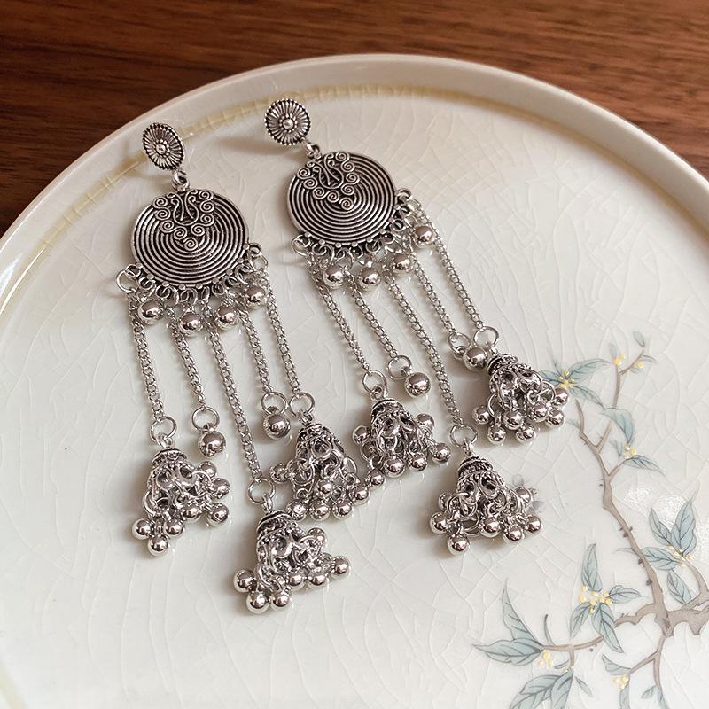 Ethnic Style Round Wind Chime Tassel Earrings High-end Metallic Temperament Earrings for Women