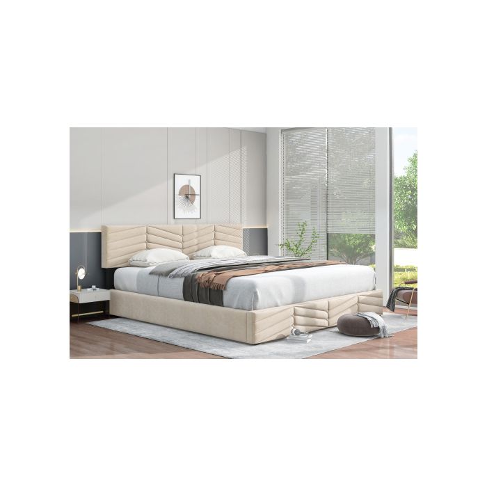 Gepolstertes Bett - MUVOE - 180 x 200 - Verstellbares Kopfteil - Beige - Zeitgenössisches Design