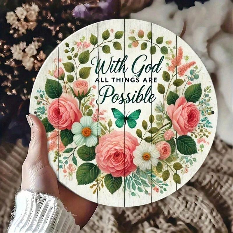 Round Metal Wall Art Pink Flower Butterfly Home Porch Decor Gift