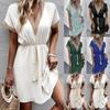 Women's Dresses Summer Fashion Lace Lace Stitching V Neck Loose Lace Up Bohemian Vacation Woman Basic Short Sleeved