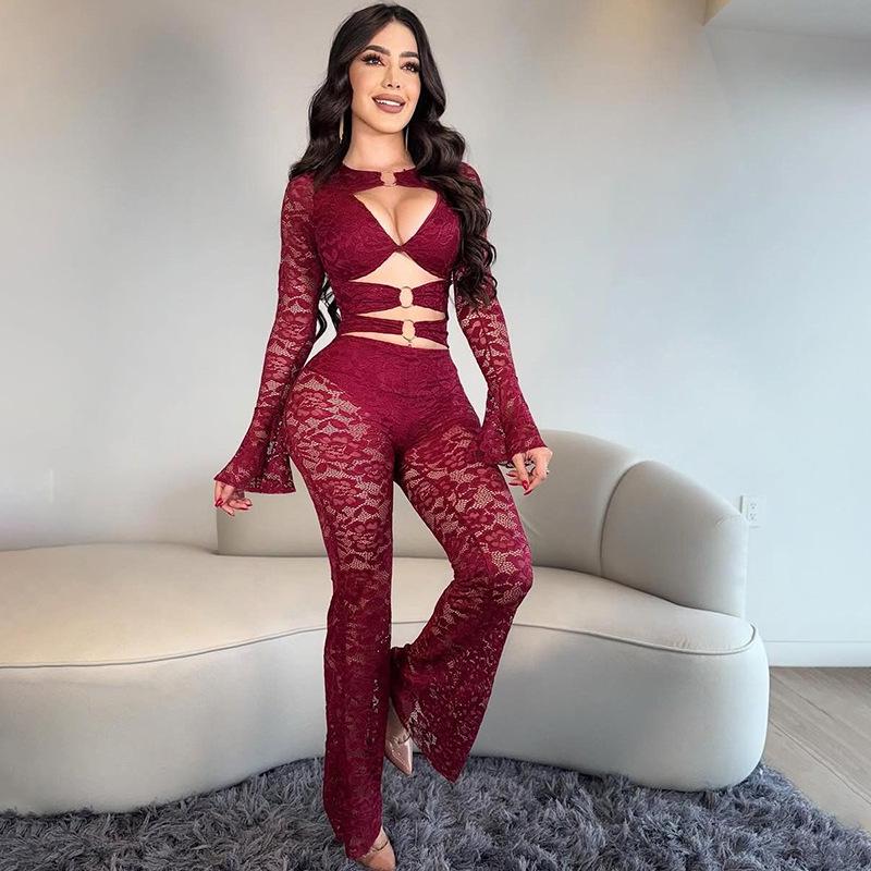 2025 Fall/Winter European American Style Long Sleeve Hollow Out Buckle Top & Sexy Lace Pants Set