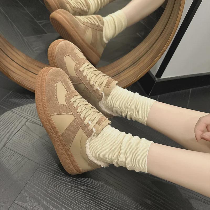Women's Retro Dexun 2024 Velvet-Lined Lace-Up Sneakers - Warm, Thick-Soled, Color-Block Design for Autumn and Winter