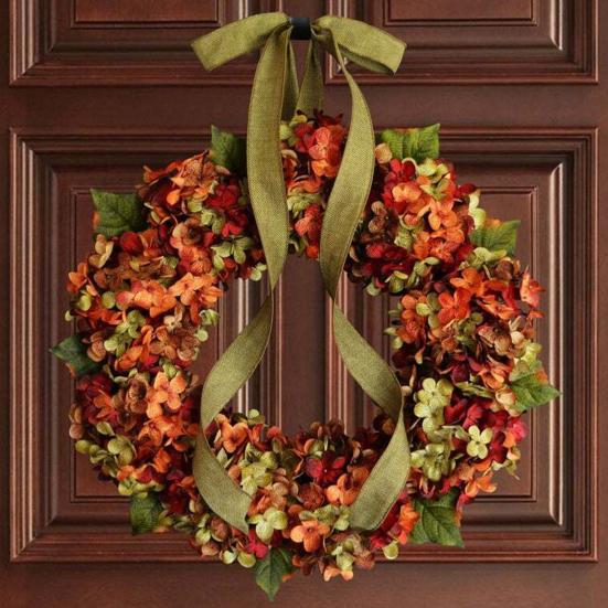 Artificial Fall Wreath for Front Door Rustic Hydrangea Floral Wreath with Bow