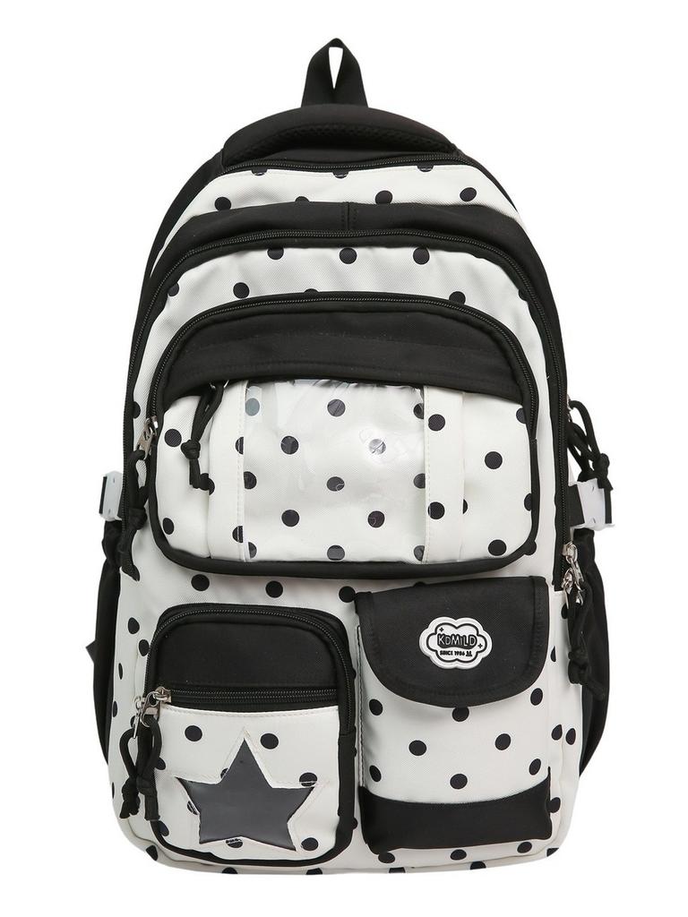 Nylon School Backpack For Girls With Polka Dot Pattern And Padded Shoulder Straps For Campus Use