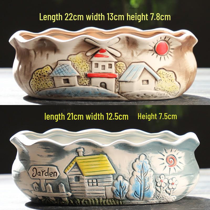 Cartoon Coarse Pottery Large Ceramic Succulent Planter with Picture Book Style
