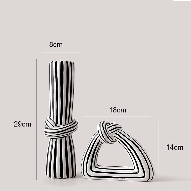 Keramische vaas met zwart-witte strepen en knoopmotief, decoratief beeldje voor op het bureau, kunstornament, creatieve vaas voor bloemstukken, woonkamerdecoratie