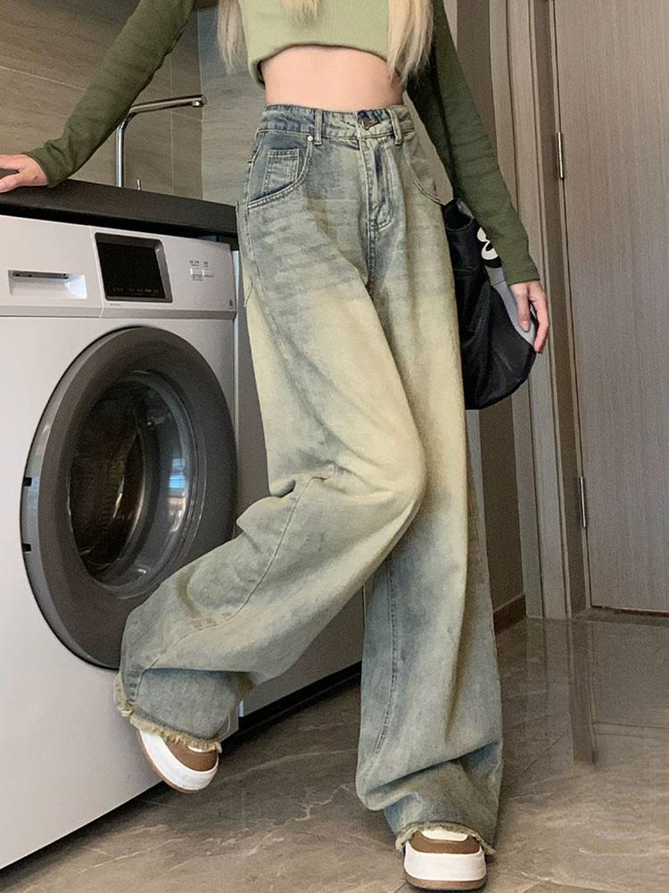 Y2K Vintage Streetwear Denim Trousers Woman Korean Fashion High Waist Straight Jeans Female Spring Elegant 2000s Casual Baggy Pants