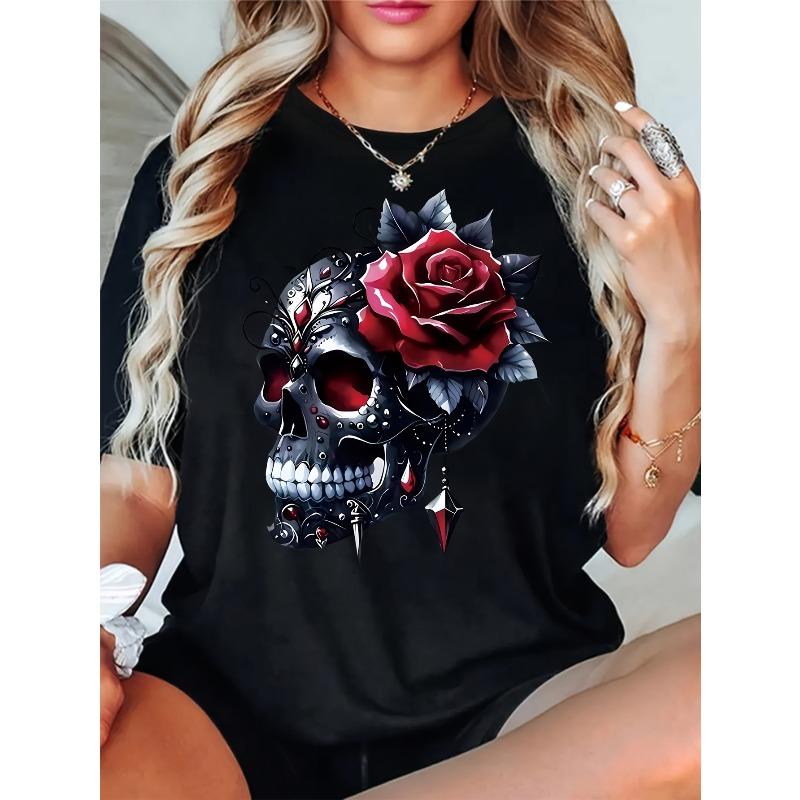 European Size Women'S Skull and Rose Graphic T-Shirt Casual Loose Fit, Short Sleeves, Round Neck,Black with Red Rose and Skull Design