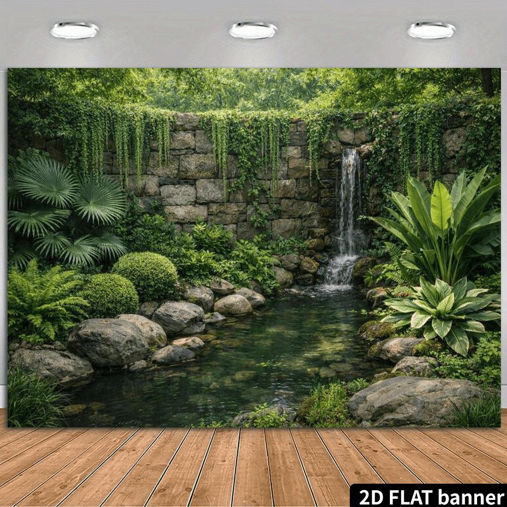 2D Plane 1 Piece of Zen-style Garden Waterfall Background Fabric - Stone Wall Waterfall and Green Plant Pattern