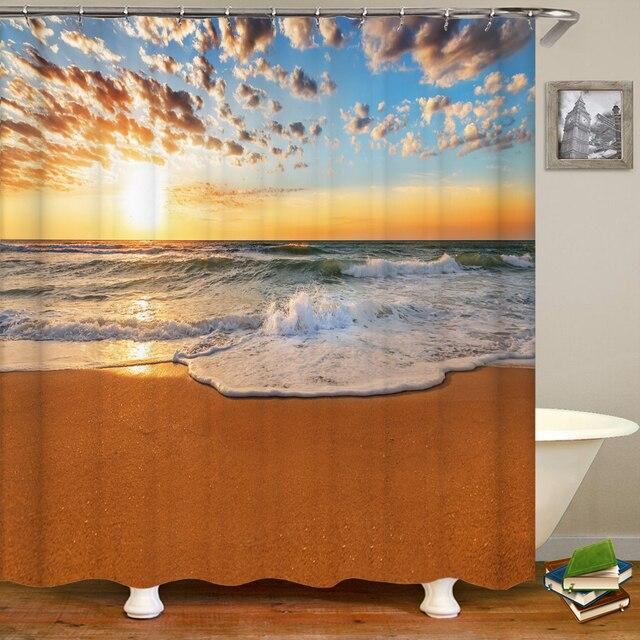 3d Plaj Manzara Duş Perdeleri Deniz Okyanus Akdeniz Banyo Perdesi Su Geçirmez Kumaş Dekorasyon 180*240 cm Banyo Perdesi