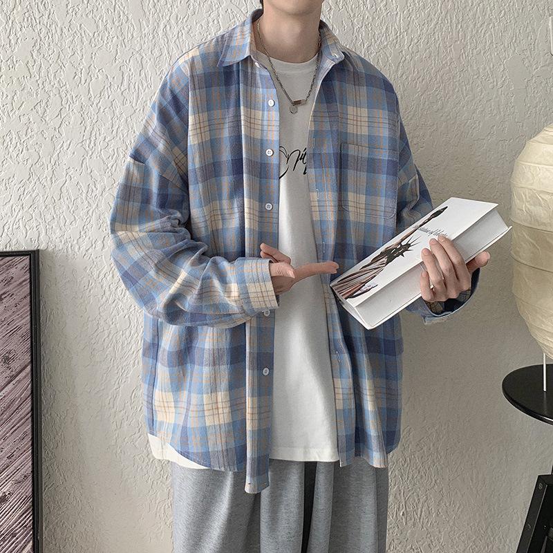 Men's Retro Plaid Long-Sleeve Shirt Jacket, Korean Style for Spring/Autumn