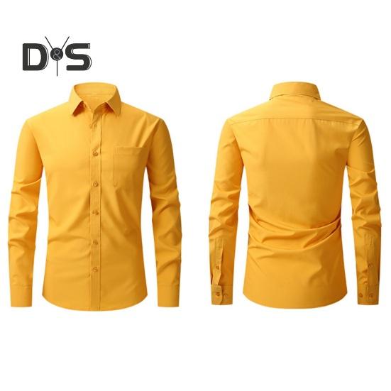 Men Spring Fall Dress Shirt Turn-down Collar Slim Fit Stretchy Single-breasted Long Sleeves Pure Color Mid Length Formal Business Event Office Top