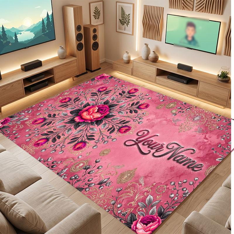 Floral Garden Theme Crystal Velvet Floor Rug Personalized Custom Name Text Warm Carpet Home Decoration