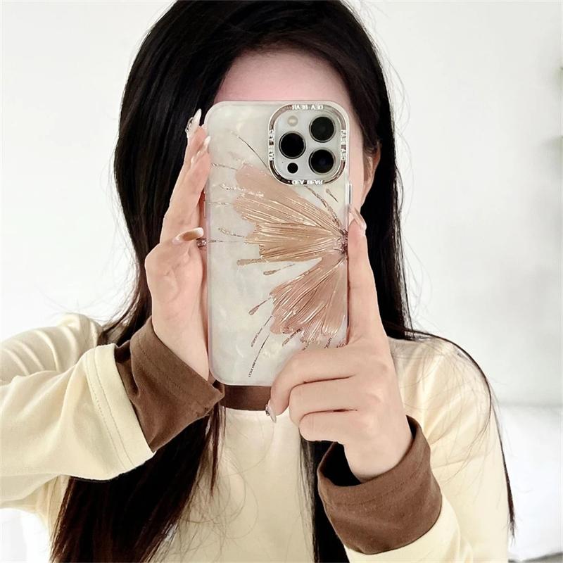 Koreaanse luxe plating glitter vlinder shell patroon telefoonhoesje voor iPhone 15 14 13 12 Pro Max 11 lens beschermende bumperhoes