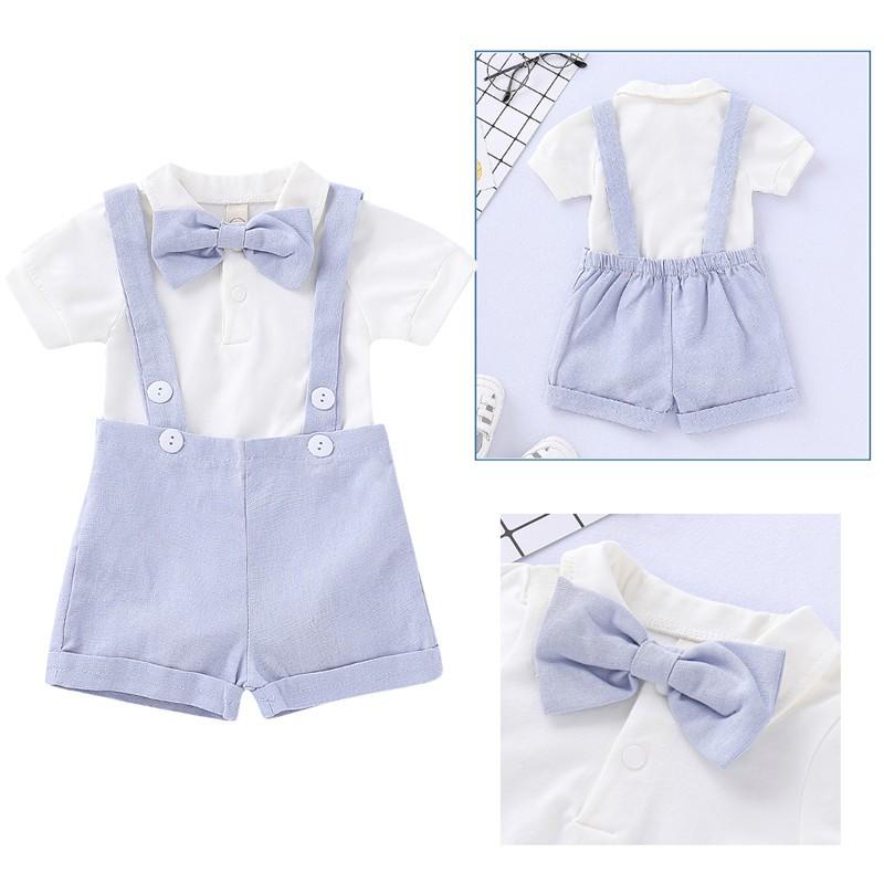 Mini Gentleman Outfit Neugeborenes Baby Junge Formelle Kostüme Kurzarmhemd Mit Fliege + Strampler Kurze Hose Sommer Mode 2-teiliges Set