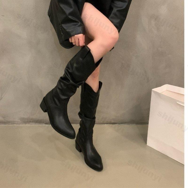 Hot Selling Women Boots Vintage Chunky Heel Cowboy Boots 2025 Autumn Faux Suede Long Boots Woman Pointy Knee-high Botas Mujer