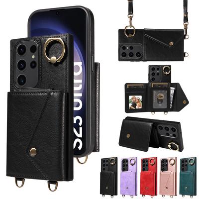 For Samsung Galaxy S23,Galaxy S23+,S23 Ultra,S23 FE Shoulder Strap Rope Ring Bracket Design Card Holder Slots Lichee Pattern Cover Phone Case
