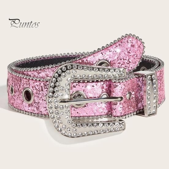 Women Jeans Belt Shiny Rhinestones Multi Holes Adjustable Length Waistband with Sparkling Buckle Wide Alloy Belt