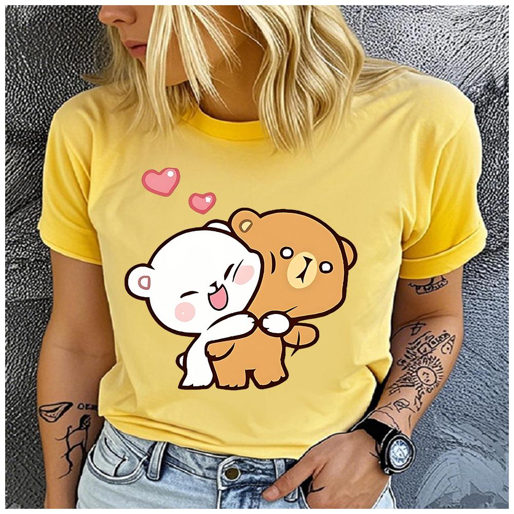 Unisex Polyester 100% Love Bear Print Loose round Neck Casual Short Sleeve T-Shirt Fashion Summer Top