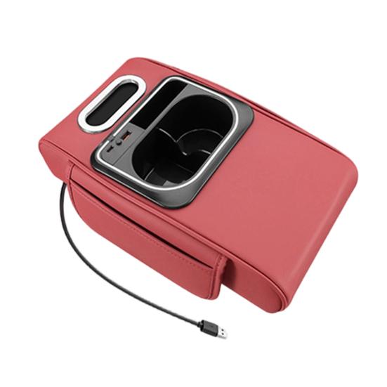 5v1 Organizér loketní opěrky do auta s držákem na kelímek na kapesníky, USB nabíjecím portem, ambientním osvětlením, podložka pro zvýšení úložného prostoru v interiéru vozu pro většinu vozidel, přenosný do auta