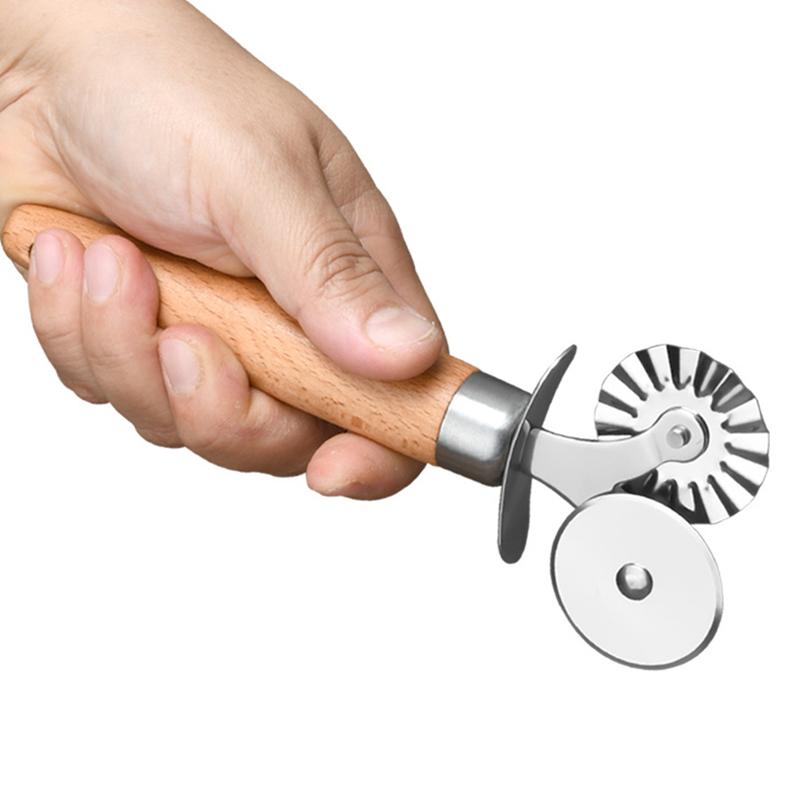 Pasta Cutter Wheel - Fluted Pastry Cutter Double Wheel Ravioli Cutter Tool With Wooden Handle For Pasta Pizza Ravioli Cookie