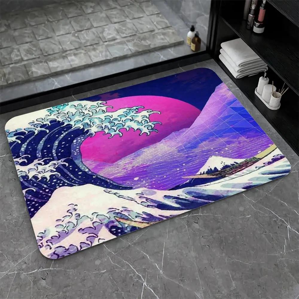 Tapete Onda do Mar Japonês Ukiyo-E Tapete de Área Náutico Flores de Cerejeira Monte Fuji Tapete de Chão Sol Vermelho Céu Dourado Tapetes Capacho de Casa